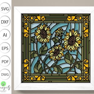 Girassóis de vitral 3D Svg, Caixa de sombra de flores, Flores 3D svg, Corte de papel de vitral 3D, Caixa de sombra de girassóis svg, Cartolina em camadas