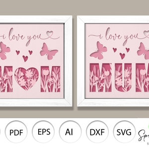 Festa della mamma farfalla fiore ombra scatola 3D bundle Svg, amore mamma 3D Light Box, felice festa della mamma 3D Svg, fiore 3D scatola Svg, cartoncino a strati arte