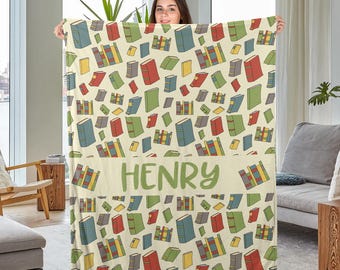 Personalized Vintage Books Blanket Custom Name Soft Cozy Sherpa Fleece Throw Blankets Gift For Reading Lover Bookworm Nerd BXLO19