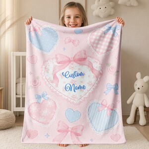 Personalized Coquette Heart Blanket, Custom Name Pink and Blue Bow Throw, Floral Patchwork Nursery Blanket, Gift for Girls GAMH12
