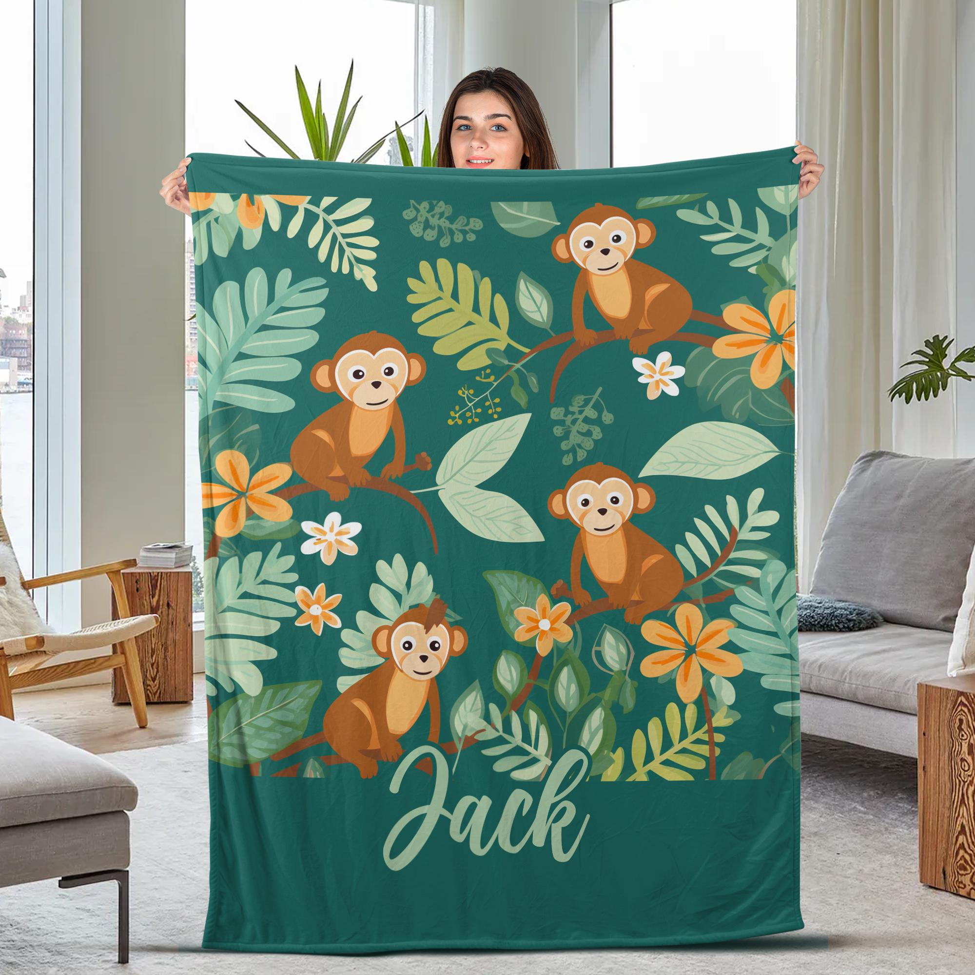 Personalized Monkey Blanket,Cute Monkey & Banana Blanket,Custom Name Soft Cozy Sherpa Fleece Throw Blankets,Gift for Monkey Lover,Kid BXLV76