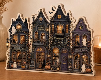 Bloque de madera de librería de Halloween, adorno espeluznante para estantería de biblioteca, decoración de libros con gato fantasma, letrero de mesa otoñal para amantes de los libros de brujas GRD-IMA20