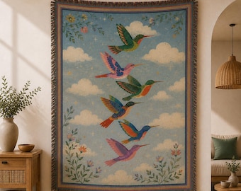 Hummingbird Woven Blanket, Colorful Bird Throw Blanket, Floral Cottagecore Blanket, Nature Bird Home Decor BRD-XG113