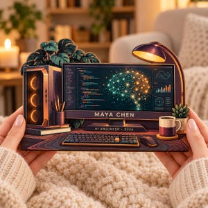 May include: A flat, rectangular desk display featuring a computer setup with a monitor showing code and a brain graphic, a tower, keyboard, mouse, lamp, and plant. The text reads MAYA CHEN and AI ENGINEER 2026. The design includes a dark color palette.