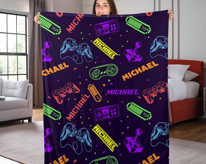 Personalized Gaming Blanket, Soft Blanket for Gamers, Funny Game Blanket, Christmas Blanket, Birthday Gift, Retro Neon Glow Inspired NEXT33