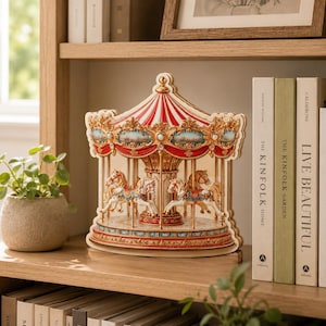 May include: A decorative carousel ornament featuring a red and white striped canopy with gold filigree accents. The structure includes four white horses with gold saddles and harnesses, positioned on a circular base with intricate red and gold trim.