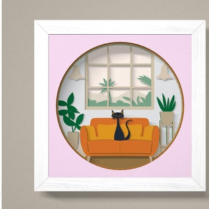 3D chat bohème salon Shadow Box svg, svg Shadow Box moderne du milieu du siècle, svg rétro Shadow Box, projets Cricut, art du papier cartonné en couches