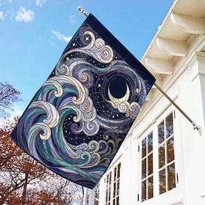 May include: A rectangular garden flag featuring a stained glass style design of swirling ocean waves in shades of blue, teal, and purple, contrasted with a dark night sky, a golden crescent moon, and white cloud patterns on a dark background.