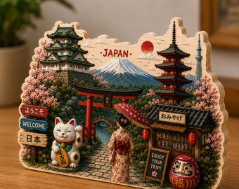 Japan Wooden Block Decor, Japanese Travel Souvenir Desk Decor, Mount Fuji Sakura Shelf Decoration, Japan Wood Sign, Tokyo Gift NRD-NTH19