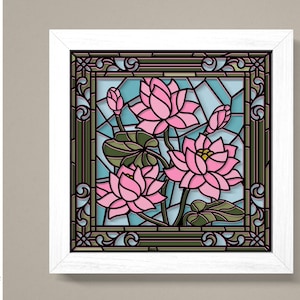 Vetro colorato Fiori di loto Shadow Box 3D Svg, Lotus 3D Box Svg, Lotus Light Box Svg, Fiori di loto 3D Svg, Cartoncino a strati Art