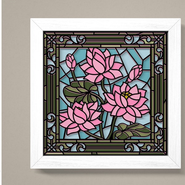 Stained Glass Lotus flowers Shadow Box 3D Svg ,Lotus 3D Box Svg ,Lotus Light Box Svg ,Lotus Flowers 3D Svg,Layered Cardstock Art