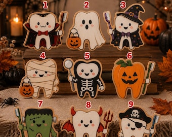 Bloque de madera decorativo para Halloween con temática dental, adorno para estante de dentista con forma de diente, decoración espeluznante para consultorio dental, lindo set de regalo de Halloween para dentistas NRD-NTH03