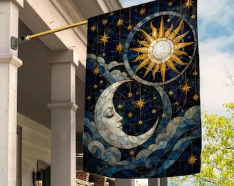 Celestial Sun Moon Garden Flag, Stained Glass Starry Night Yard Flag, Gothic Boho Outdoor Porch Decor, Astrology Garden Flag GAKT30