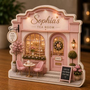 May include: A miniature pink tea room model titled Sophia's Tea Room with a hanging sign reading Tea Cake Joy. The facade features a pink door with an Open sign, a window display, two pink chairs, a round table, and a chalkboard sign reading Good Tea Good Friends Good Times.