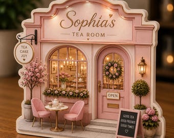 Custom Tea Room Wooden Block, Personalized Pink Tea House Decor, Tea Lover Gift, Elegant Café Desk Decor, Tea Shop Keepsake NRD-STH17