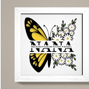 Nana papillon fleur ombre boîte 3D, Svg maman 3D, boîte à lumière 3D maman d'amour, joyeuse fête des mères 3D Svg, fleur 3D boîte Svg, art du papier cartonné en couches
