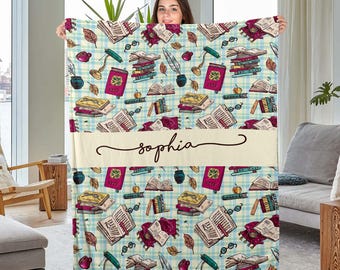 Personalized Book Blanket, Vintage Books Blanket, Custom Name Velveteen Plush Blanket, Gift For Reading Lover, Bookworm, Nerd BXLJ04