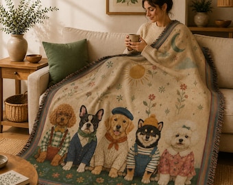 Colorful Dog Woven Blanket, Cute Pet Throw Blanket, Boho Dog Lover Gift, Vintage Floral Puppy Home Decor BRD-XG114