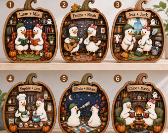 Bloque de madera personalizado con pareja de gansos, adorno de calabaza otoñal para estante, decoración otoñal con nombre personalizado, lindo letrero de mesa con familia de patos GRD-IMA19