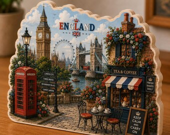 England Wooden Block Decor, London Travel Souvenir Desk Decor, British Tea Shop Wood Sign, UK Landmark Shelf Decor, England Gift NRD-NTH21