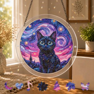 Cat Moon Puzzle Suncatcher, Stained Glass Cat Window Hanging, Celestial Acrylic Sun Catcher, Witchy Cat Decor, Rainbow Maker Gift GALL12-4