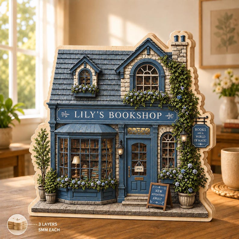 May include: A multi-layered wooden model of a bookstore named Lily's Bookshop with blue trim, stone walls, and climbing vines. The facade features a bay window, a front door with an open sign, and a sign reading Books Are A World Of Magic.