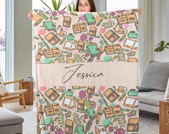 PersonalizedBook Blanket,Vintage Books Blanket,CustomName Soft Cozy Sherpa Fleece Throw Blankets,Gift For Reading Lover,Bookworm,Nerd BXLJ11