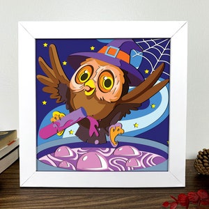 Magic Owl Shadow Box 3D Svg, Magic Owl 3D Svg, Magic Owl 3D Box Svg, Magic Owl Light Box Svg, Arte de cartulina en capas, Plantilla de caja de sombras
