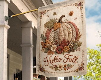 Hello Fall Garden Flag, Vintage Patchwork Pumpkin Floral Yard Decor, Rustic Autumn Outdoor Thanksgiving Flag B1HX37