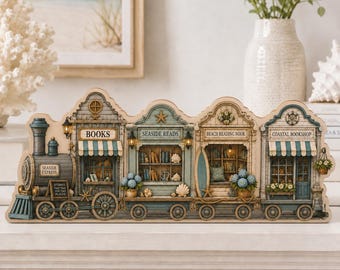 Letrero de madera con forma de tren para librería junto al mar, decoración costera para estantería, letrero de madera para rincón de lectura en la playa, regalo para amantes de los libros con temática oceánica, decoración de verano GRD-IMA14