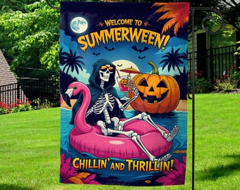Summery Halloween Flag, Skeleton on Flamingo Float, Spooky Summer Vibes Garden Decor, Unique Outdoor Party Banner, Summerween Garden G5L804