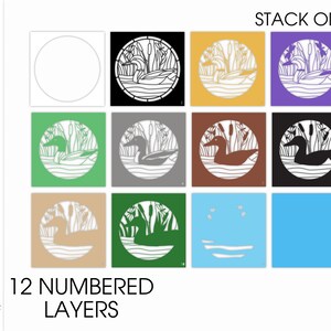 May include: A digital design file for a layered paper cut of a duck swimming in a pond with cattails. The design is in black and white and includes 12 numbered layers. The design is available in SVG, DXF, AI, EPS, PDF, and DWG formats.