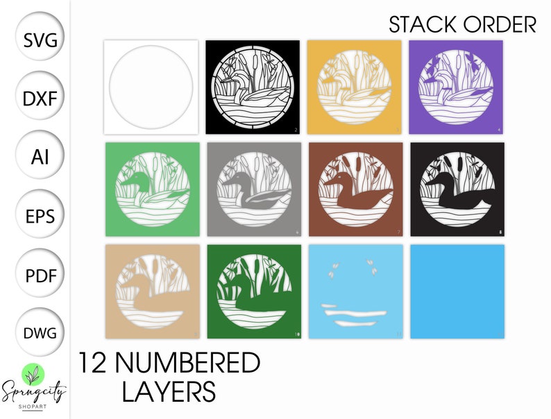 May include: A digital design file for a layered paper cut of a duck swimming in a pond with cattails. The design is in black and white and includes 12 numbered layers. The design is available in SVG, DXF, AI, EPS, PDF, and DWG formats.