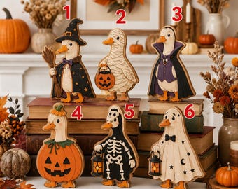 Bloque decorativo de madera de ganso de Halloween, adorno de estante de ganso bruja, linda decoración de escritorio de ganso espeluznante, decoración de bandeja escalonada de otoño, regalo de Halloween NRD-NTH02