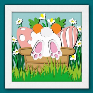 Lapin Joyeuses Pâques Shadow Box 3D Svg, oeuf de lapin 3D, Svg de Pâques lapin mignon, caisson lumineux de jour de Pâques, art cartonné en couches, modèle de boîte d'ombre