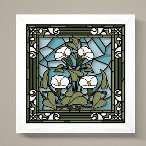 Vitral flores brancas de jardim caixa de sombra 3D Svg, caixa de flores 3D Svg, jardim branco 3D svg, flores de vitral 3D, arte em cartolina em camadas
