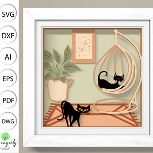 Balançoire 3D chat bohème Shadow Box Svg, Svg moderne milieu du siècle, Svg rétro Shadow Box, Cricut Projects, Art du papier cartonné en couches