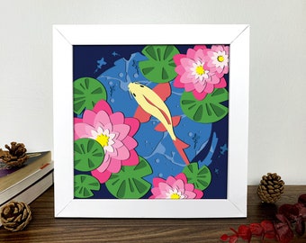 Koi Fish Shadow Box 3D Svg ,Flower Koi Fish 3D Svg ,Koi Fish 3D Box Svg ,Koi Fish Light Box Svg ,Layered Cardstock Art, Shadow Box Template