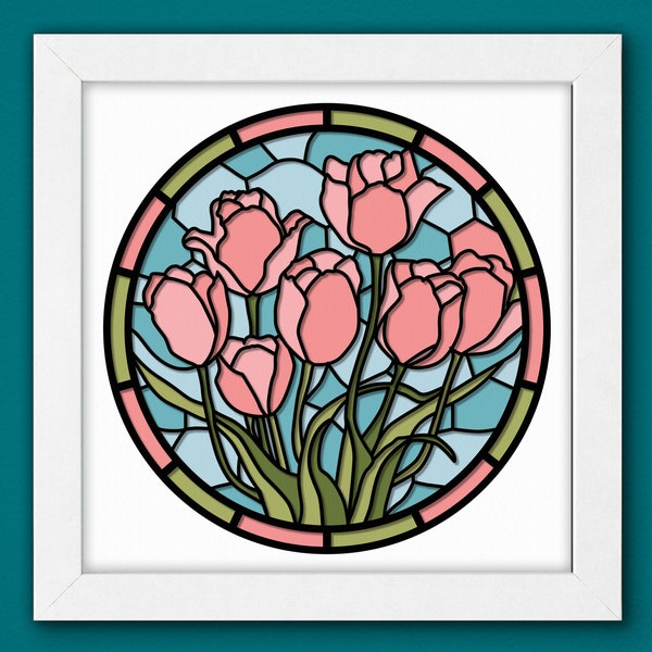 Spring Tulip Shadow Box 3D Svg,Spring Tulip Svg ,Spring Flower 3D Light Box Svg ,Spring 3D Svg ,Tulip 3D Svg , Layered Cardstock Art