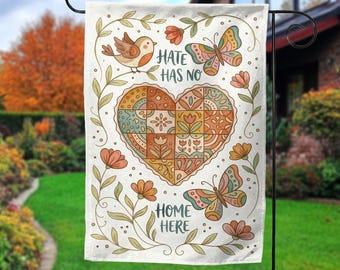 Hate Has No Home Here Garden Flag, Floral Yard Decor Folk Art Flag, Outdoor Porch Decor, Kindness Message Housewarming Gift NHQT01-04