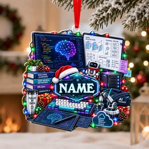 May include: A flat, decorative ornament featuring a computer workstation with a monitor displaying code and a brain graphic, a keyboard, a tablet, a small robot, and books labeled Machine Learning, Deep Neural Networks, MLOps, and Generative AI.