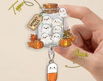 Spooky Pills Ghost Badge Reel Cute Halloween Jar Retractable ID Holder Pharmacy Gift JDPL04