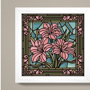 Svg 3D de boîte d'ombre de fleur de lys en verre, Svg de boîte de fleur 3D, svg 3D de fleur de lys, fleurs de vitrail 3D, art de papier cartonné en couches