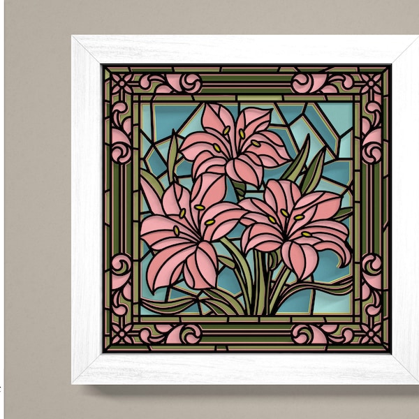 Stained Glass Lily Flower Shadow Box 3D Svg ,Flower 3D Box Svg ,Lily Flower 3D svg ,Stained Glass Flowers 3D,Layered Cardstock Art