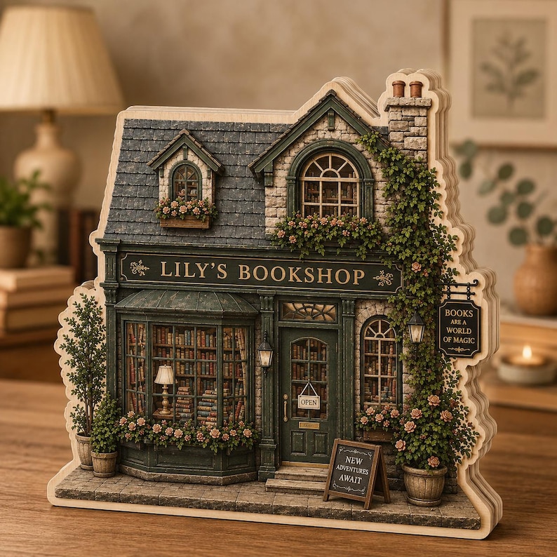 May include: A decorative wooden model of a bookstore named Lily's Bookshop, featuring a dark green storefront, a slate-colored roof, climbing ivy, flower boxes, and a small sign that reads New Adventures Await, with visible shelves of books inside.