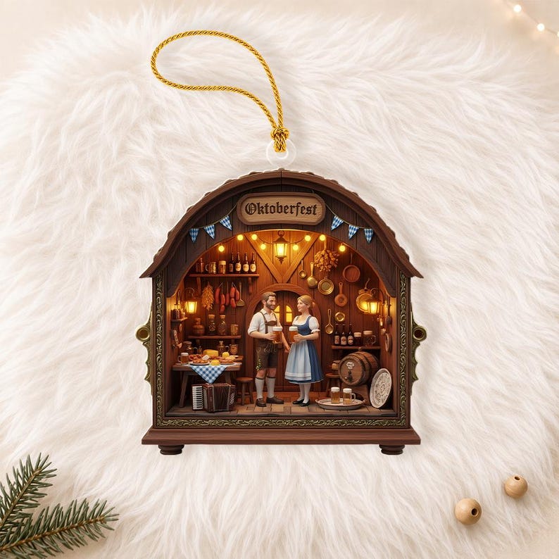 May include: A brown, arched, hanging ornament featuring a detailed 3D diorama of an Oktoberfest scene. Inside, two figures in traditional attire hold beer steins within a rustic tavern setting, complete with miniature shelves, barrels, and lights.