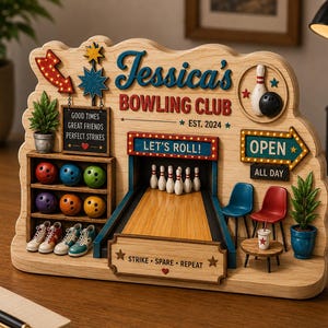 Personalized Bowling Wooden Block, Custom Bowling Alley Desk Decor, Bowling Lover Gift, Bowling Club Name Sign, Strike Shelf Decor NRD-NTH30