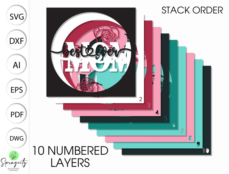 May include: A layered papercraft design for a card or scrapbook page. The design features the words "best ever mom" in white with a red heart, surrounded by pink, red, and teal circles and floral designs. The design is made up of 10 numbered layers.
