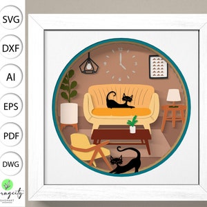 3D Boho Katze Wohnzimmer Schattenbox svg, Mid Century Modern Schattenbox svg, Retro Schattenbox svg, Cricut Projekte, Layered Cardstock Art