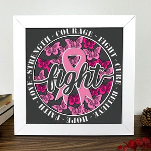 Fight Shadow Box 3D Svg,Breast Cancer Day Light Box Svg,Breast Cancer Svg,Breast Cancer 3D Box Svg,Layered Cardstock Art,Shadow Box Template